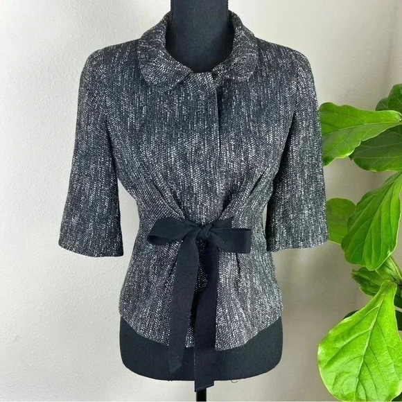 Talbots Black White Tweed Snap Button Tie-Front 3/4 Sleeve Women's Blazer 6P - Picture 1 of 16